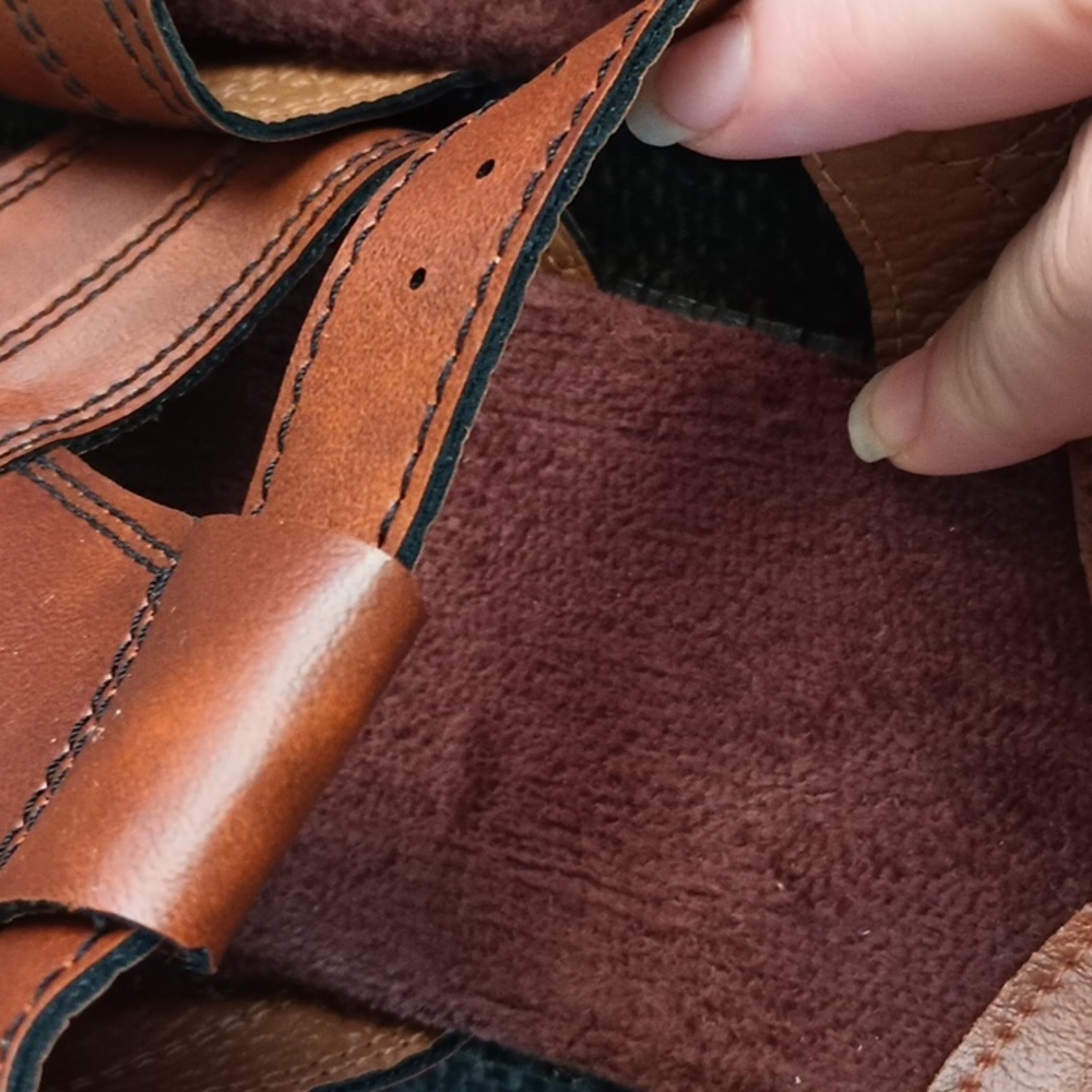 men's Lites brown tan leather adjustable strap sandals with terry cloth liners. - Picture 4 of 5